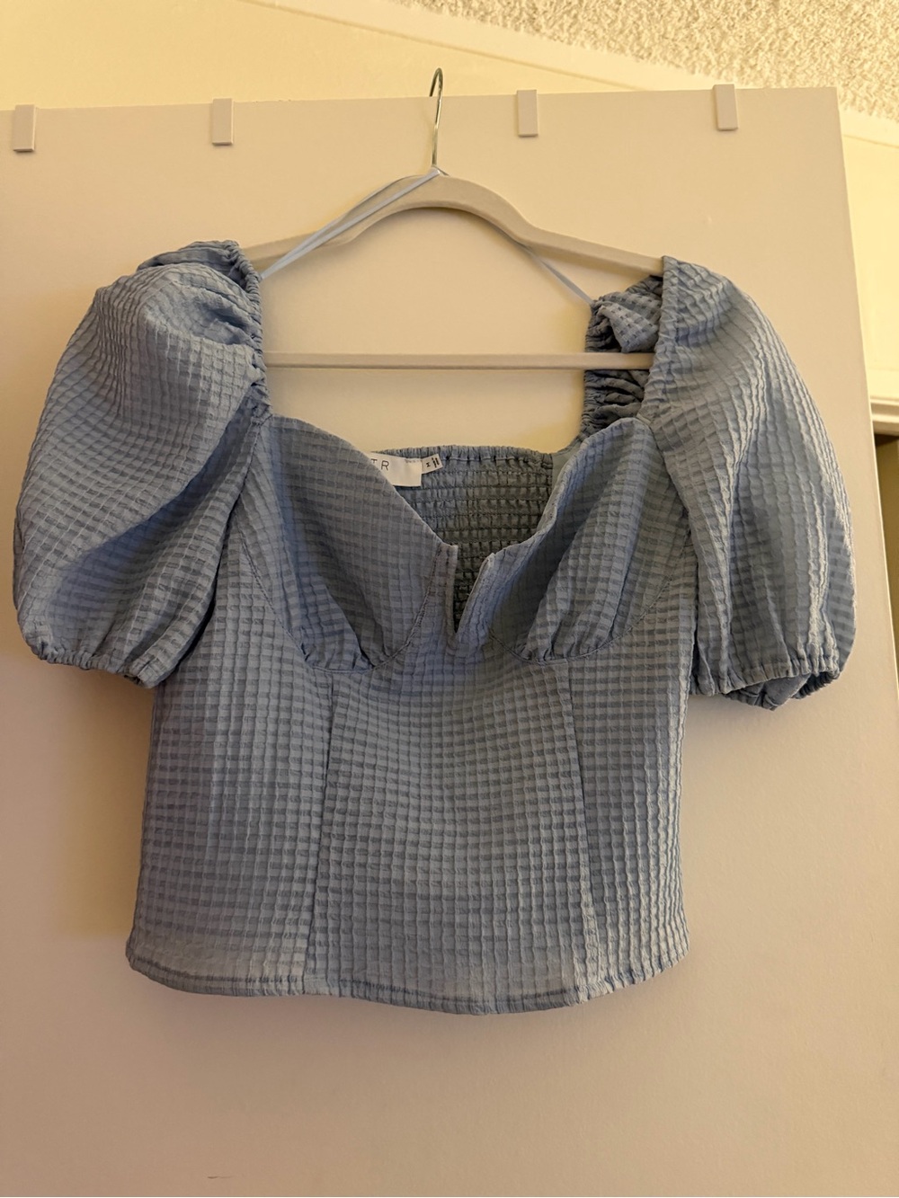 Astr Light Blue Puff Sleeve Textured Crop Top